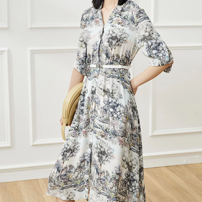 赢智尚桑蚕丝水墨印花气质中长连衣裙ZF01652