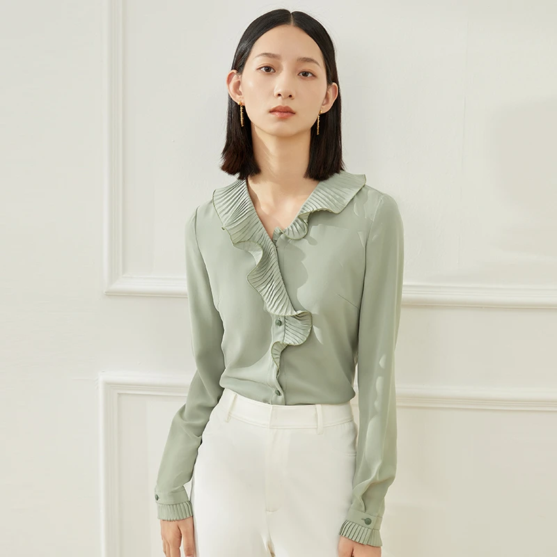 赢智尚荷叶边V领三醋酸开襟衬衫女上衣长袖衬衣ZE00302