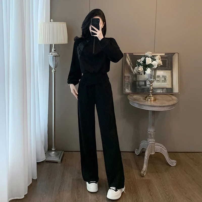 2024年秋季酷飒风休闲运动套装女高级感黑色长袖卫衣阔腿裤两件套