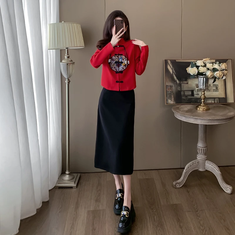 秋冬红色新中式国风套装裙显瘦气质高级感时尚洋气半身裙子两件套