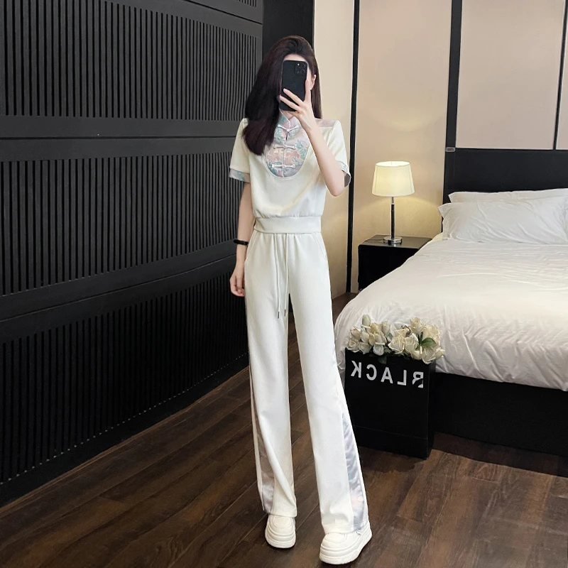 2024夏今年流行爆款休闲运动套装女国风盘扣短袖上衣阔腿裤两件套