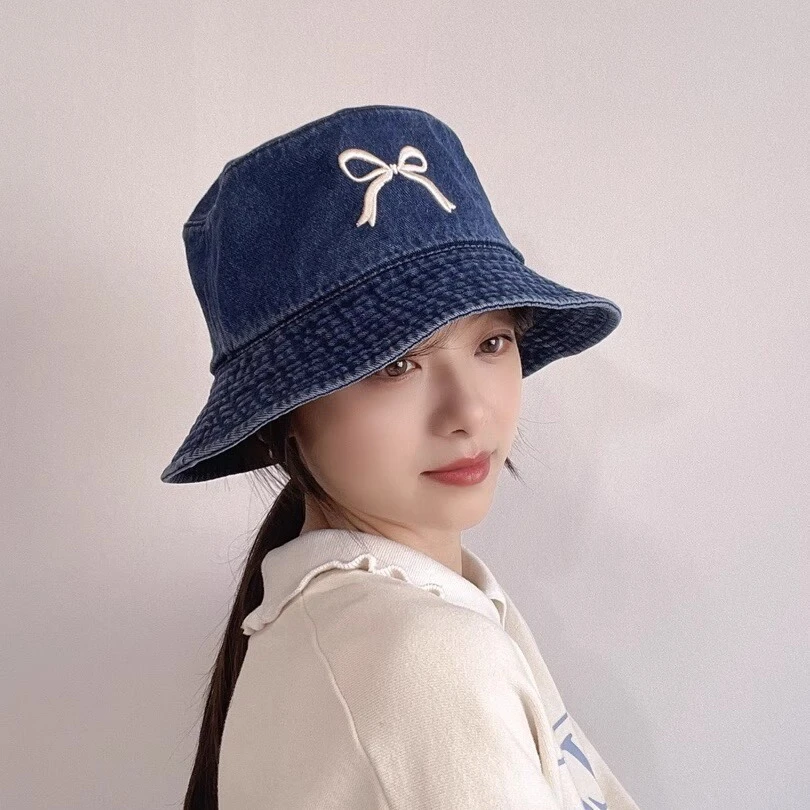 新款刺绣蝴蝶结渔夫帽百搭大檐遮阳帽韩版显脸小帽子女户外水桶帽