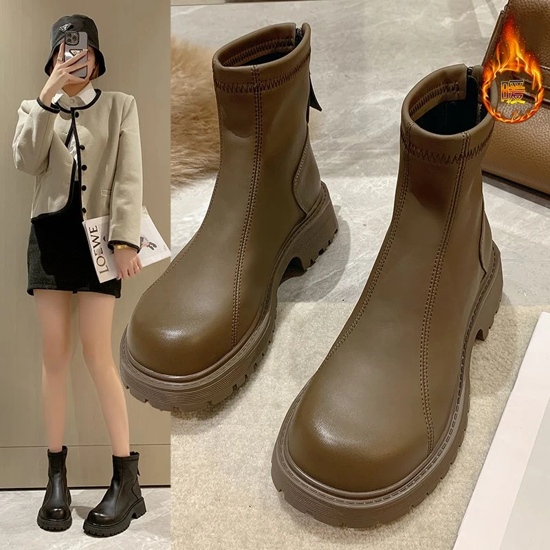 马丁靴平底加绒弹力瘦瘦靴女2023冬季新款韩版百搭显瘦保切尔西靴