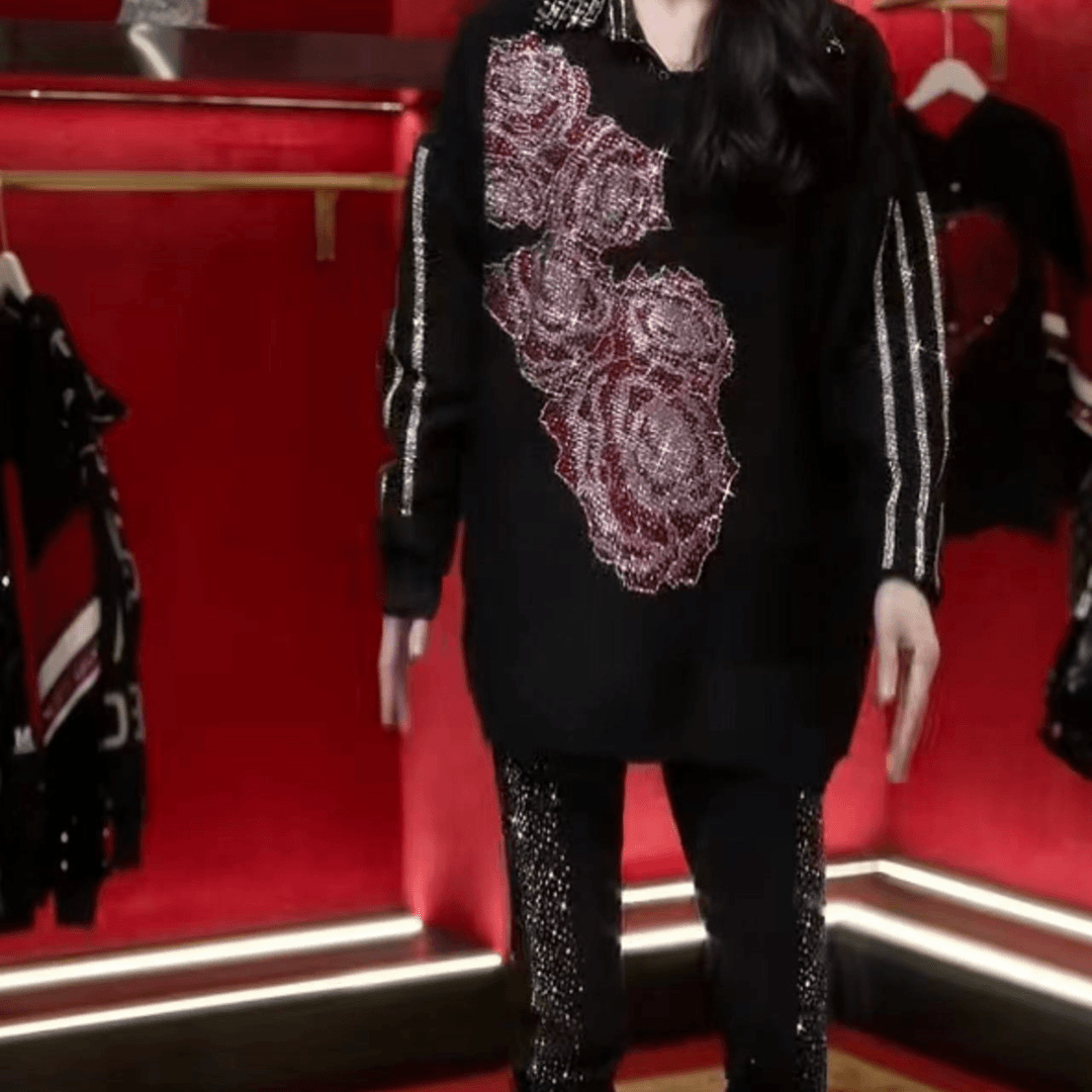 丽丽家 玫瑰花双杠烫钻显瘦气质网红时尚休闲毛衣