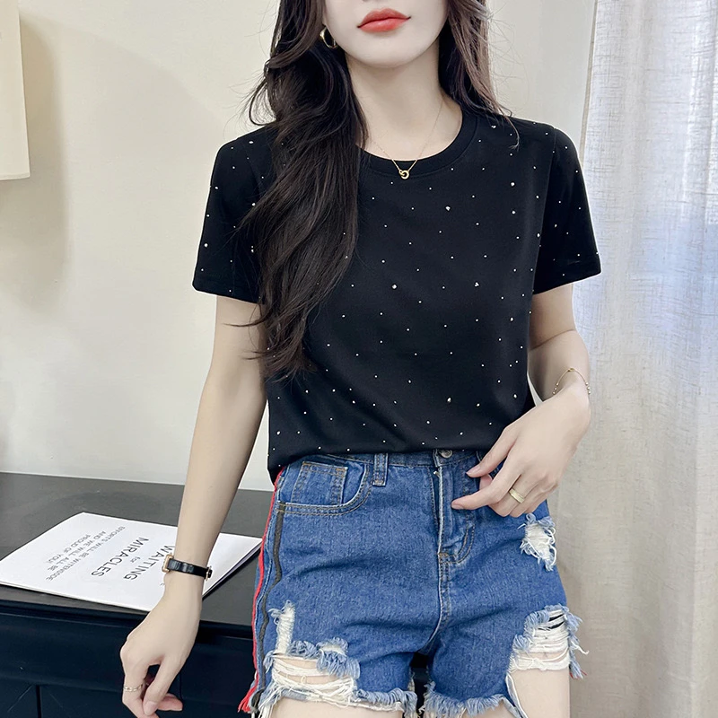 夏季薄款烫钻圆领短袖T恤