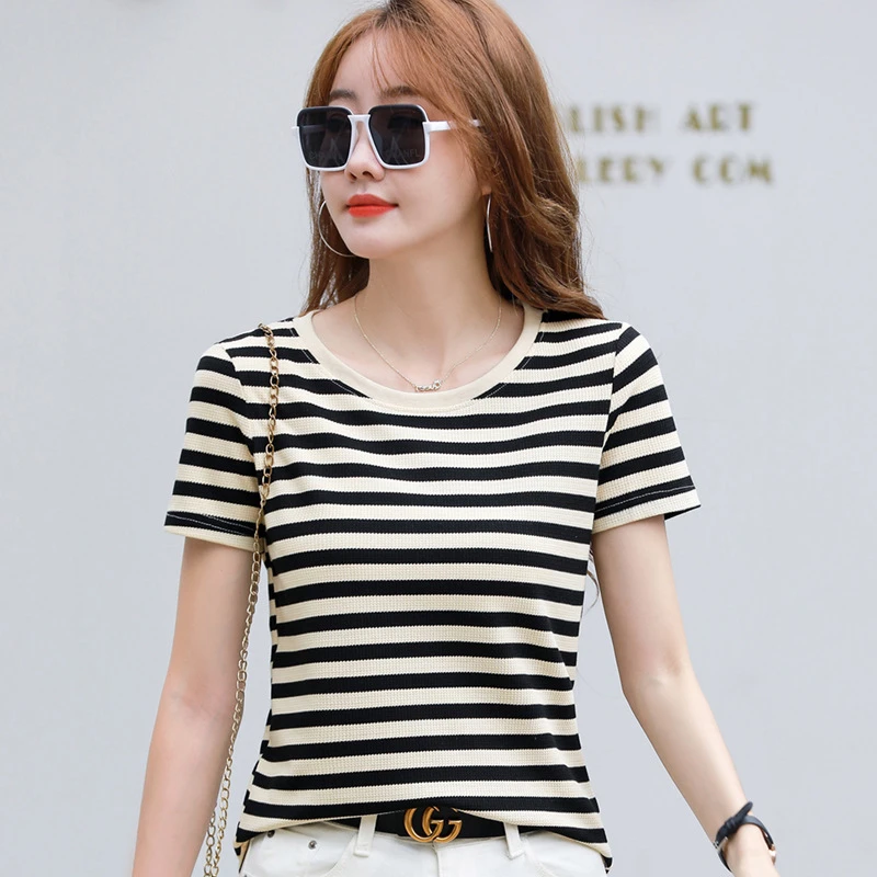 【圆领短袖357#】夏季宽松遮肚显身材撞色条纹上衣大气百搭