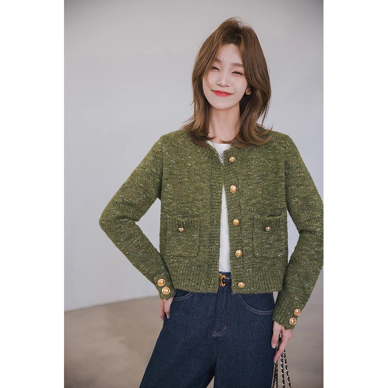 小谷粒小香风毛衣女2025秋冬新款宽松圆领马海毛慵懒针织开衫上衣