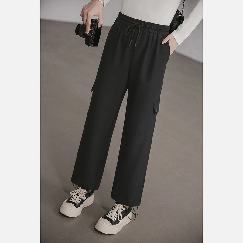 小谷粒松紧高腰工装裤女加厚2025冬季新款加绒设计感阔腿休闲长裤