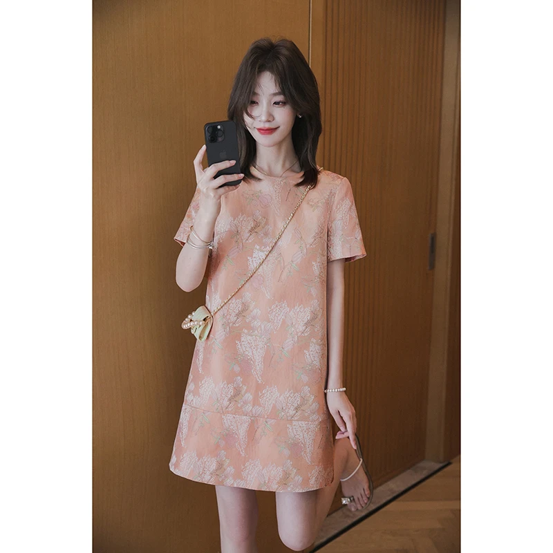 【季末折扣】小谷粒国风提花连衣裙女夏款新中式小个子圆领短袖裙