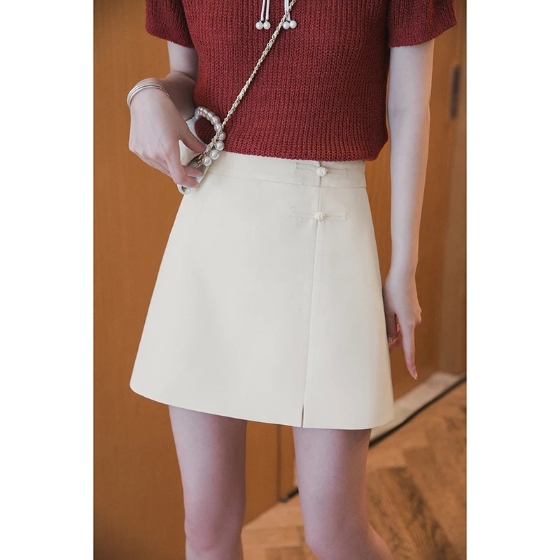 【福利日】小谷粒盘扣开衩修身半身裙女简约通勤米色裙子