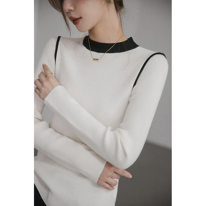 【季末折扣】小谷粒打底针织衫女韩版撞色修身圆领套头百搭短上衣