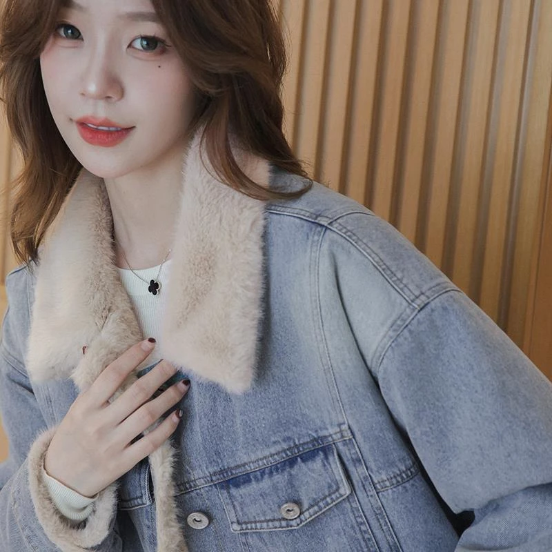 小谷粒牛仔外套女百搭加厚保暖毛绒翻领高级感上衣
