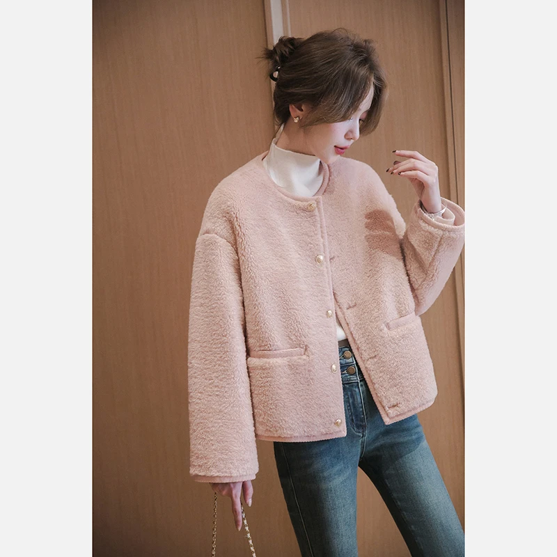 【白富美】小谷粒羊羔绒外套女加绒加厚冬夹棉圆领环保皮毛一体上衣