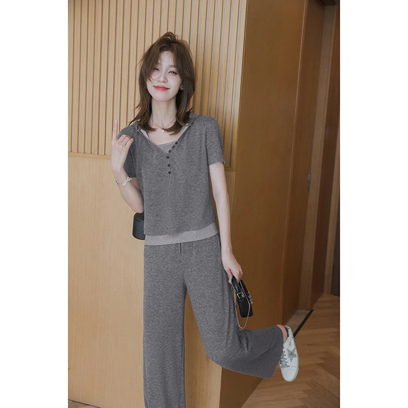 小谷粒吊带长裤三件套女修身显瘦连帽套装