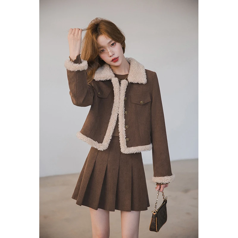 小谷粒撞色翻领外套高腰半裙两件套女2025秋冬款复古咖色绗棉套装