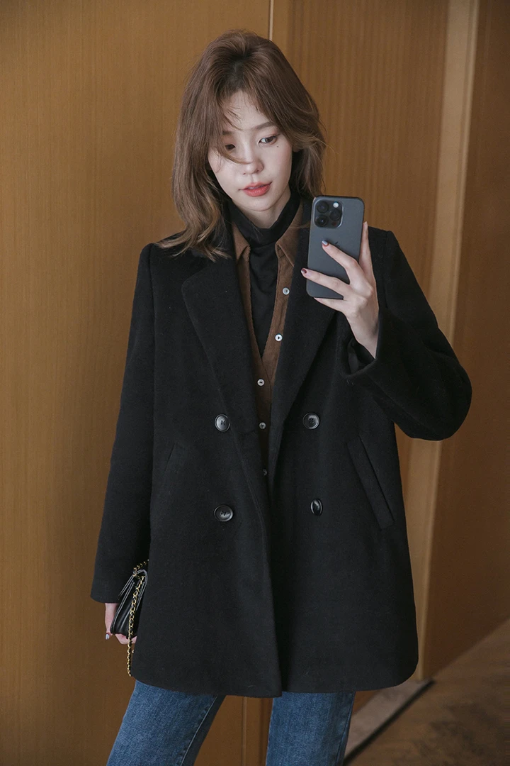 小谷粒毛呢羽绒服女「90白鸭羽绒内胆」秋冬高级气质双排扣韩版外套