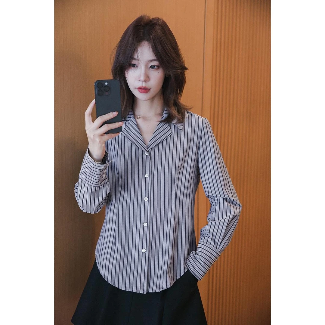 小谷粒学院风条纹衬衣女翻领洋气衬衫上衣