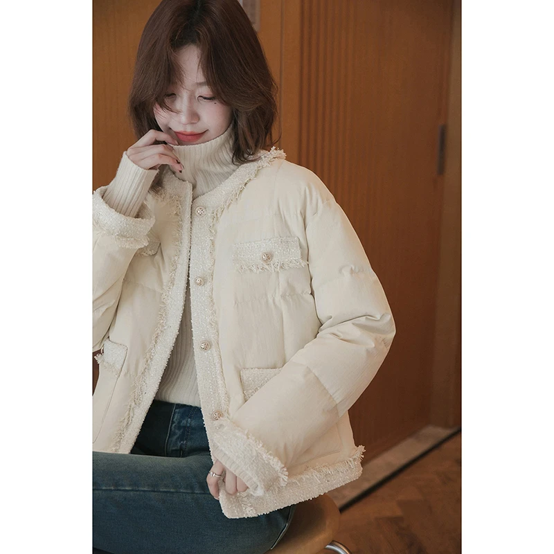 小谷粒羽绒服女「90白鸭绒」保暖拼接小香风外套