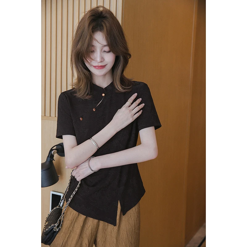 【福利日】小谷粒新中式暗纹提花T恤国风撞色纽扣短袖