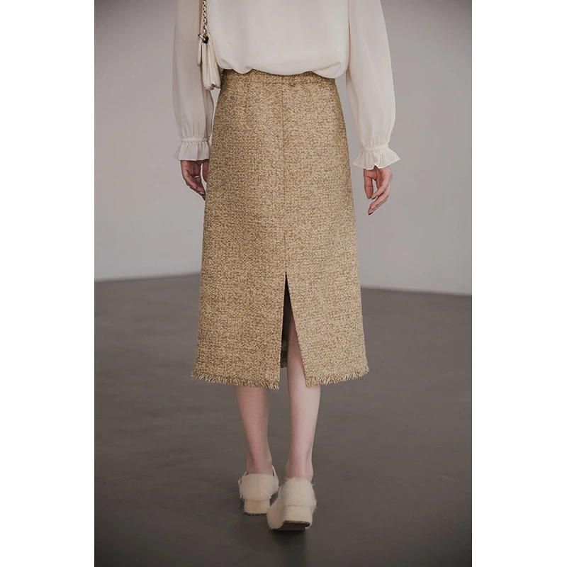 小谷粒小香风高腰毛呢半身裙女2025秋冬新款羊毛设计感开衩裙子