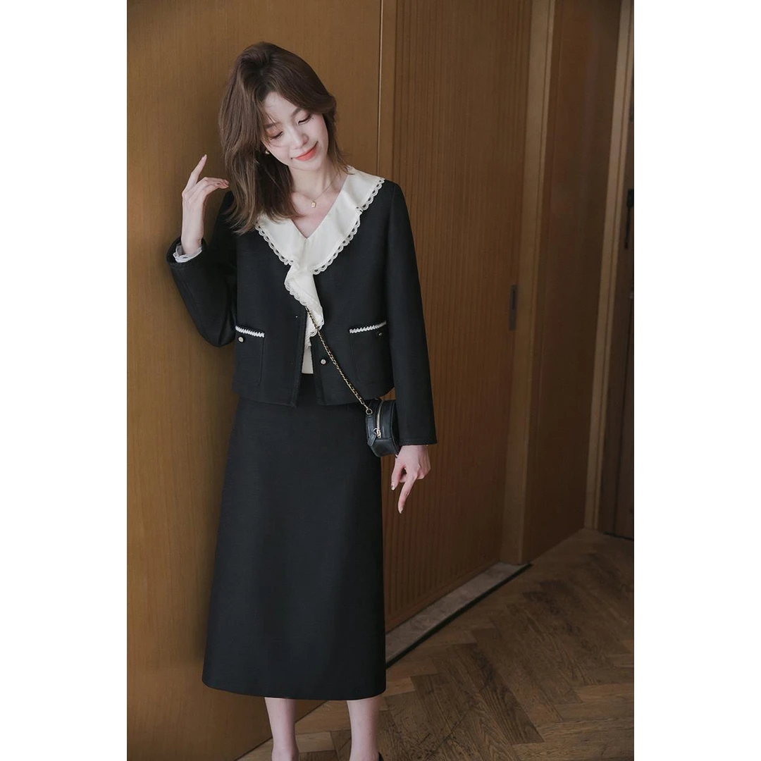 小谷粒小香风套装气质外套A字半裙显瘦两件套女款