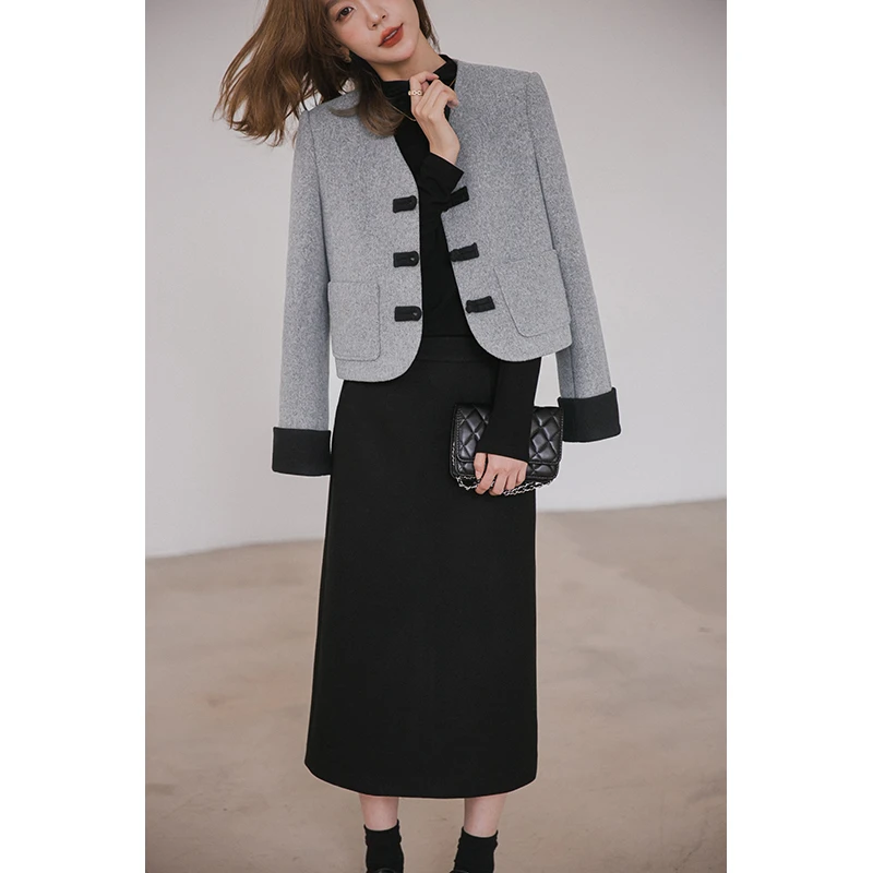 【季末折扣】小谷粒毛呢外套新中式撞色灰色V领长袖上衣