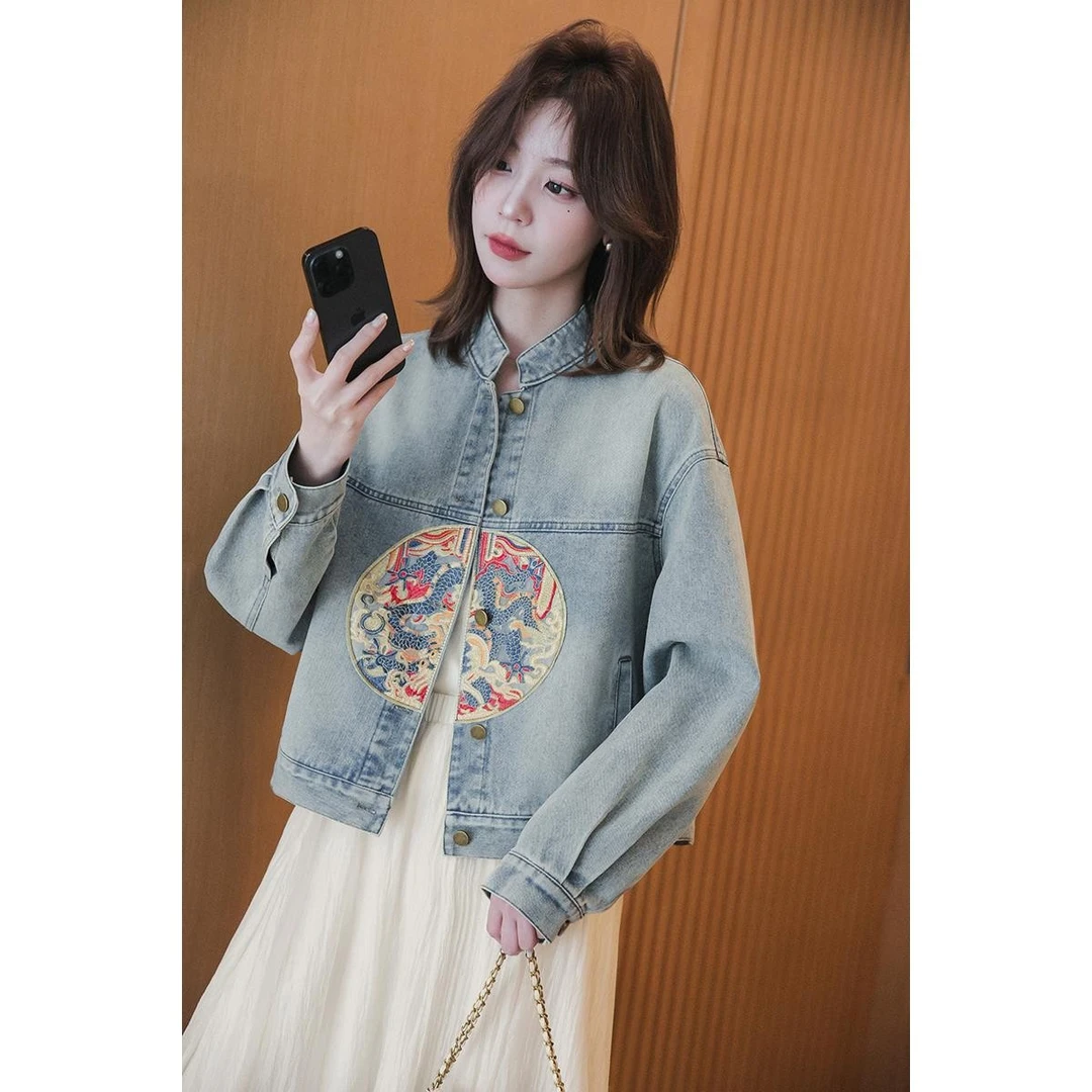 小谷粒新中式牛仔短ins外套女提花团绣国风短款外套