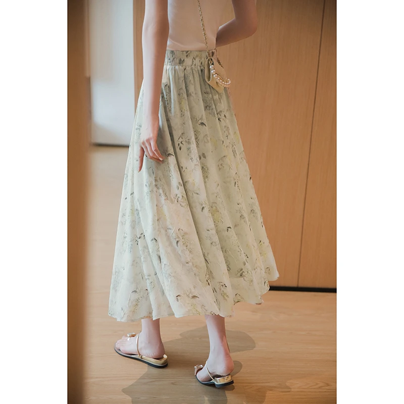 小谷粒法式雪纺绿色碎花半身裙显瘦高腰时尚薄裙子女