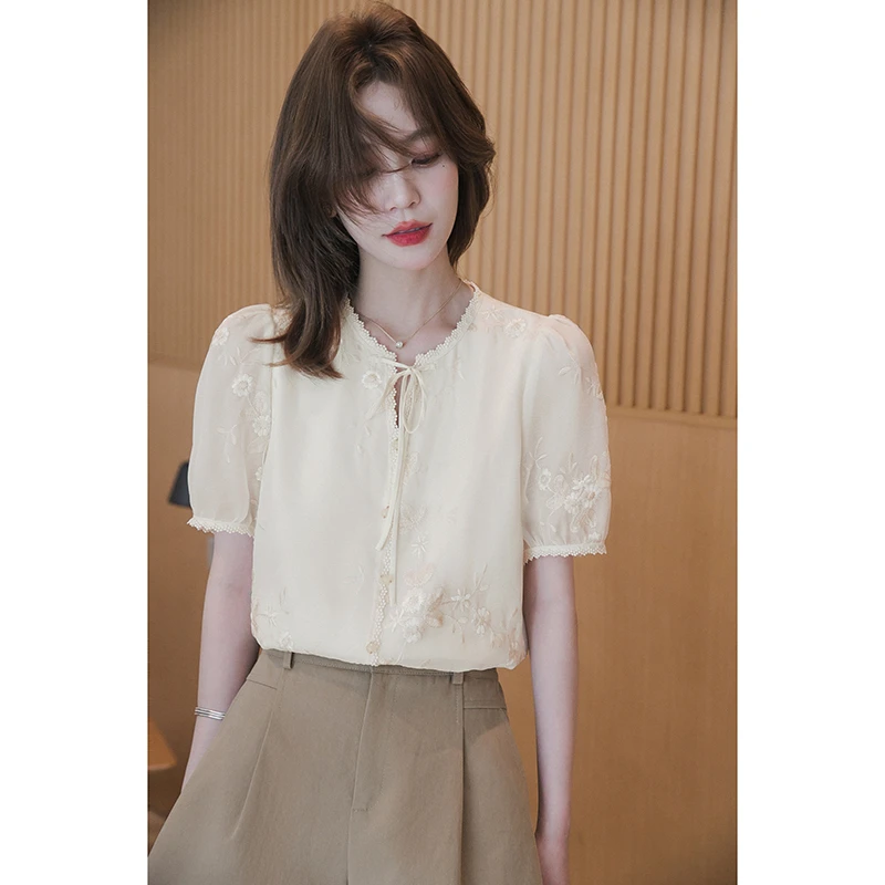 小谷粒绣花系带蕾丝小衫V领透气女上衣内搭蕾丝衫