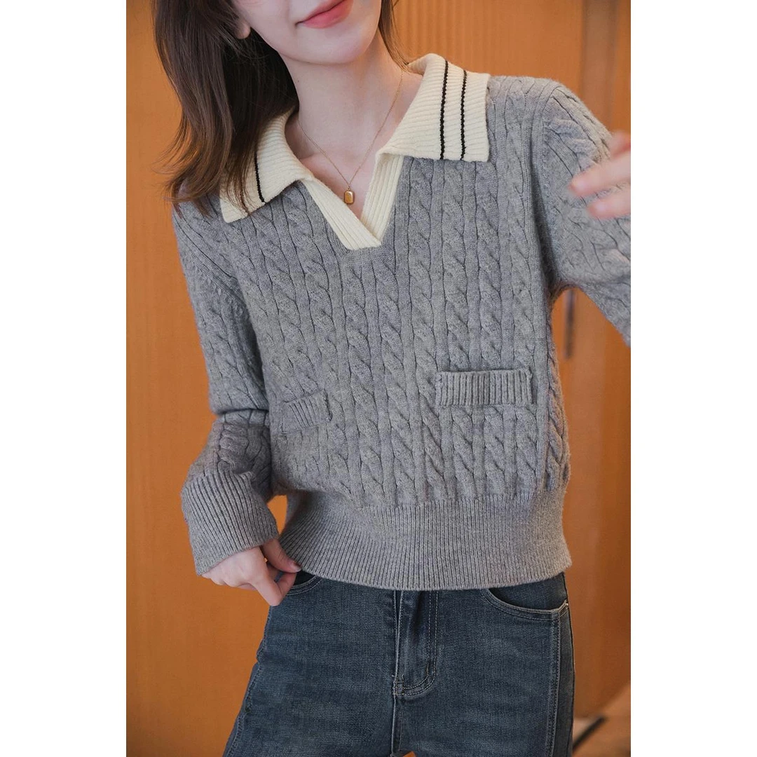 【季末折扣】小谷粒V领长袖针织衫翻领上衣短款毛衣