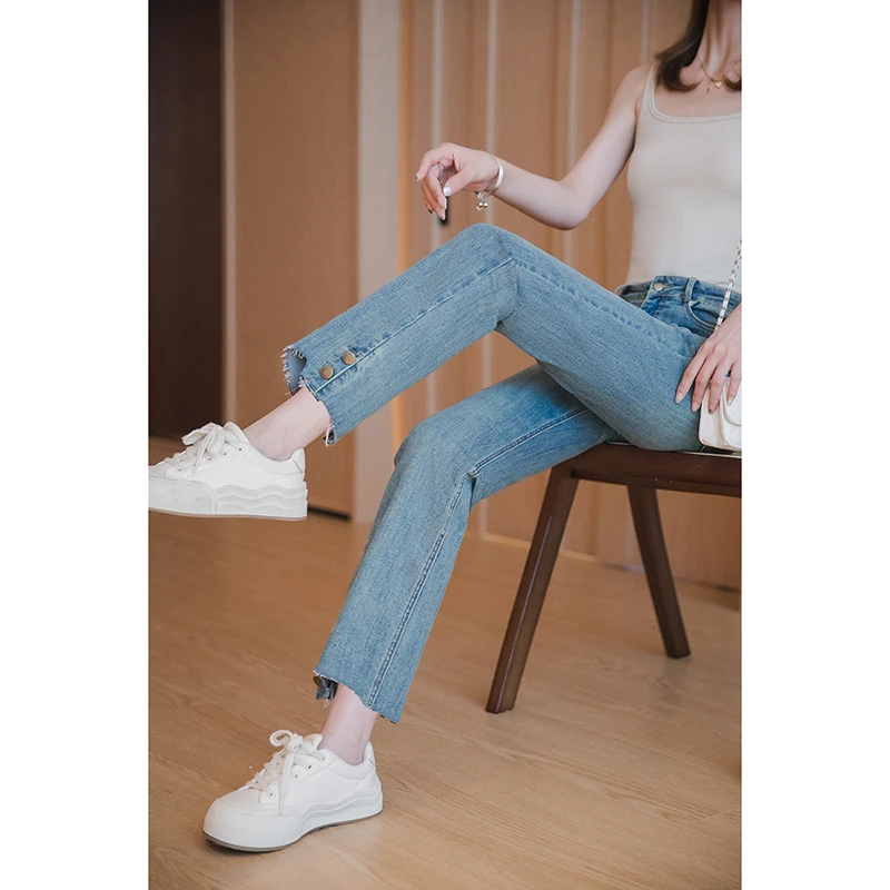 扣直筒裤女秋季新款设计感铆钉复古蓝色九分牛仔裤