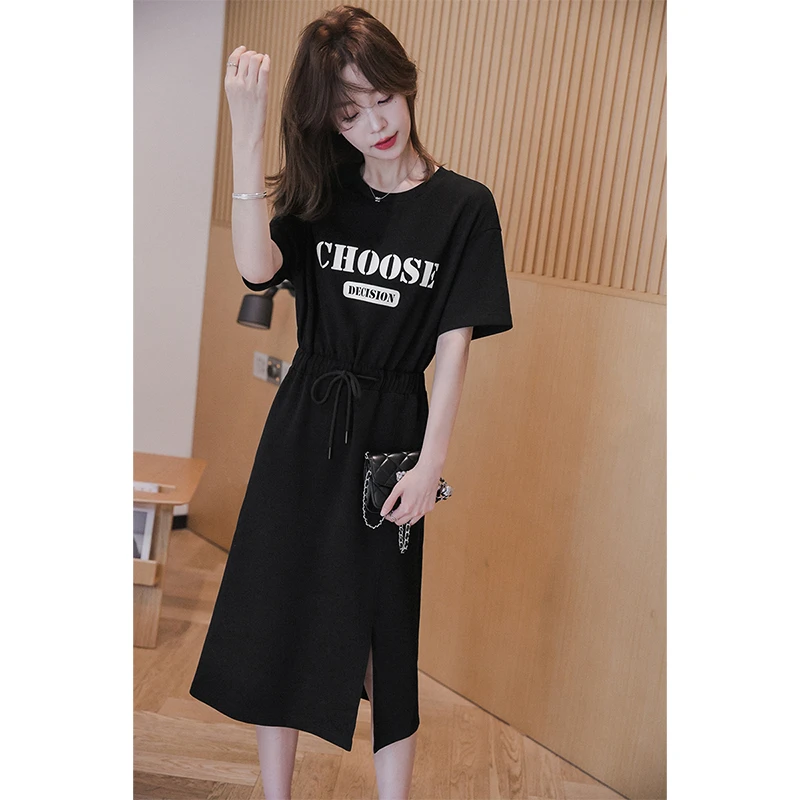 小谷粒黑色印花连衣裙女显瘦气质女长裙