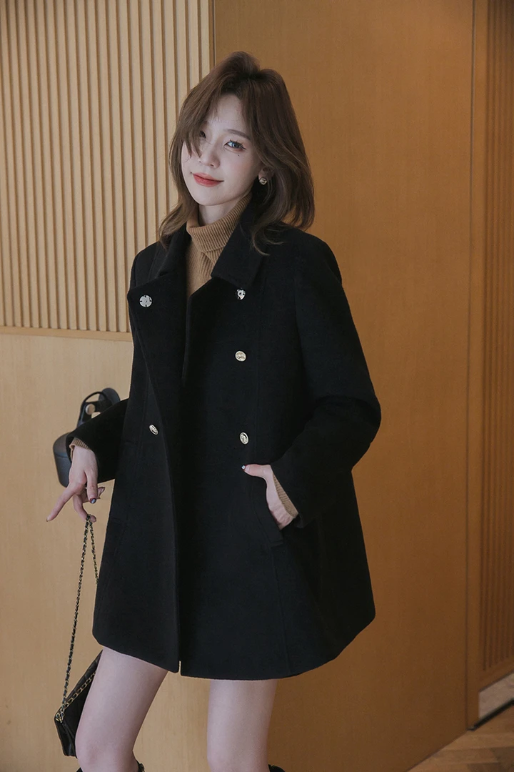 小谷粒毛呢大衣女秋冬款「绗棉内里」优雅气质韩版双排扣中长款外套