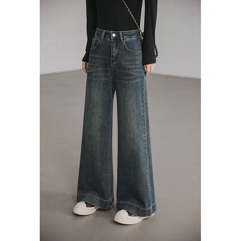 【季末折扣】小谷粒阔腿牛仔裤女小个子复古水洗百搭高腰垂感长裤