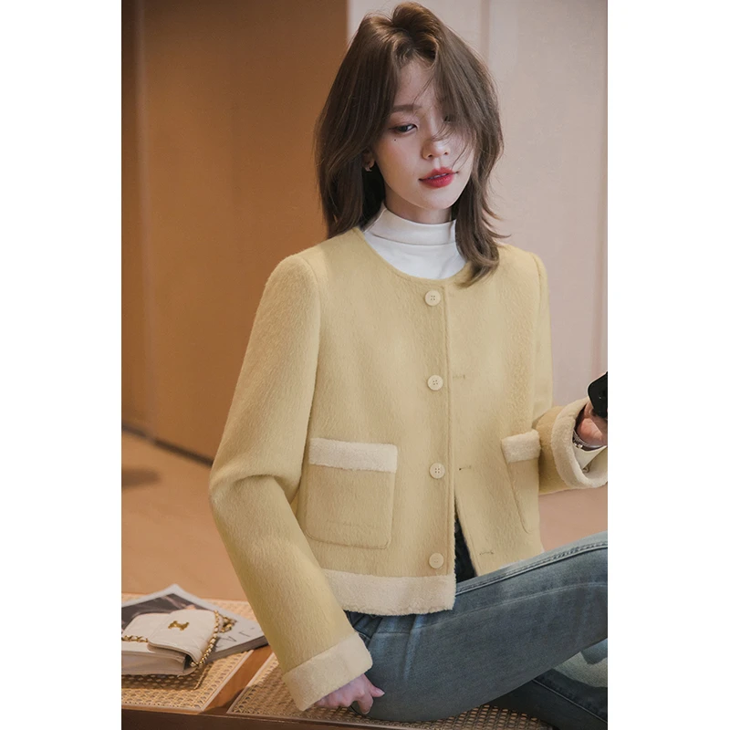 【季末折扣】小谷粒小香风圆领百搭毛呢外套女拼接设计感长袖上衣