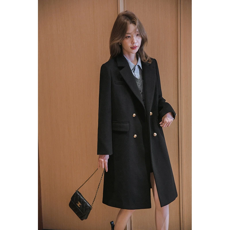小谷粒毛呢外套女学院风2024秋冬时尚高级感黑色西装领双排扣大衣
