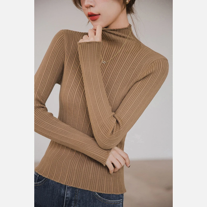 小谷粒咖色木耳边针织衫女2025春季新款高级感好看半高领打底内搭