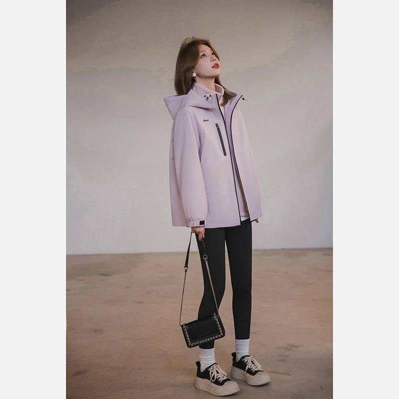 小谷粒连帽冲锋外套女冬季款小个子立领时尚宽松奥粒绒内胆两件套