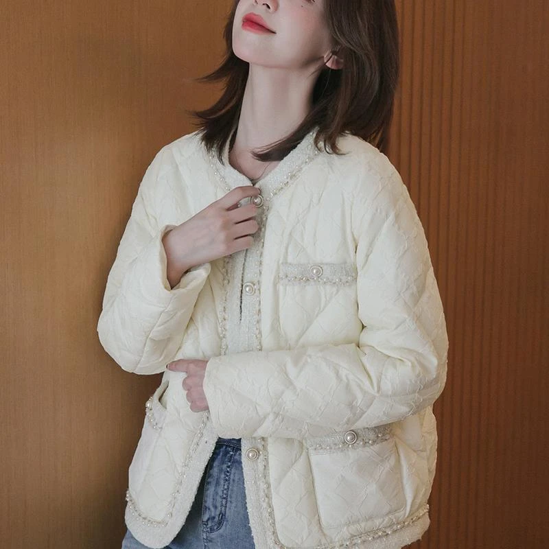 小谷粒「90白鸭绒」羽绒服女拼接圆领小香风外套