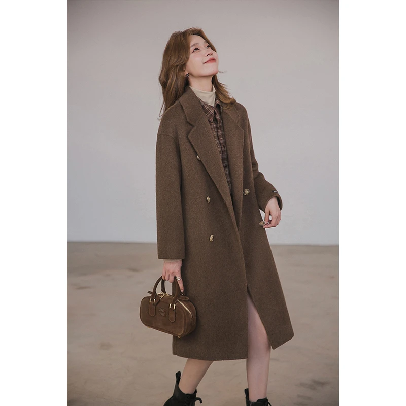 小谷粒毛呢外套女2025秋冬新款简约平驳领开衩长款双面呢羊毛大衣