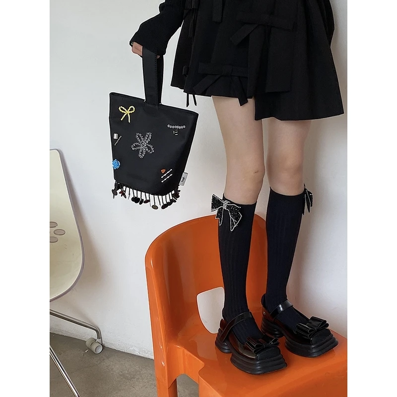 【侏罗纪专属】 小众设计手工蝴蝶结水钻百搭黑双针中高筒甜美女袜