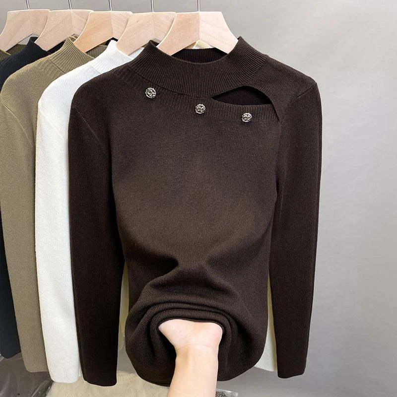 洋气镂空百搭修身打底上衣秋冬新款胖MM大码女装针织衫打底衫毛衣