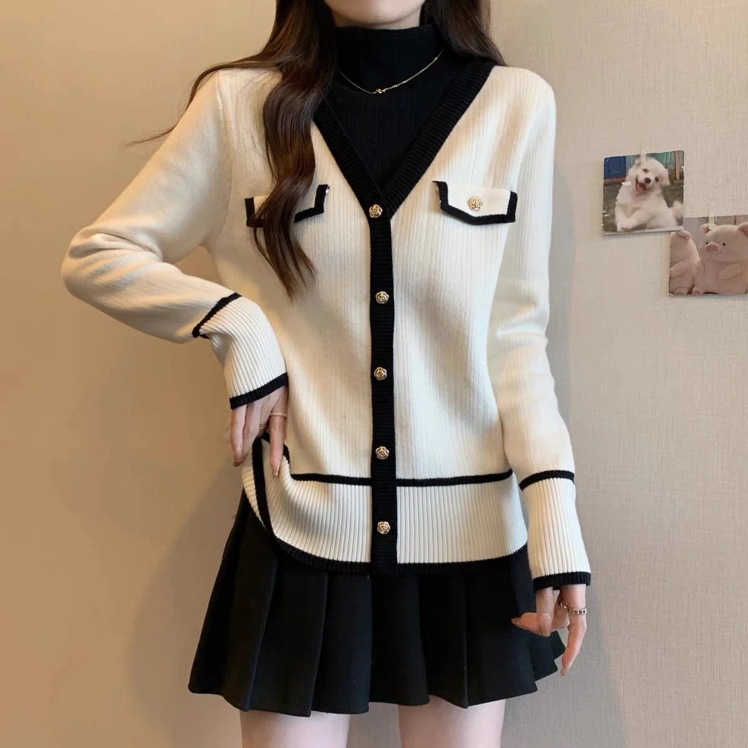 【-】小香风撞色内搭胖mm休闲半高领假两件女针织衫打底衫毛衣