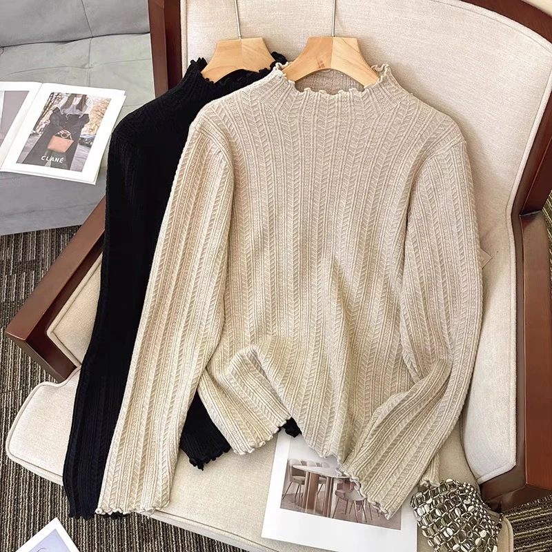 今年流行半高领木耳边针织打底衫女2024秋冬新款宽松显瘦洋气毛衣
