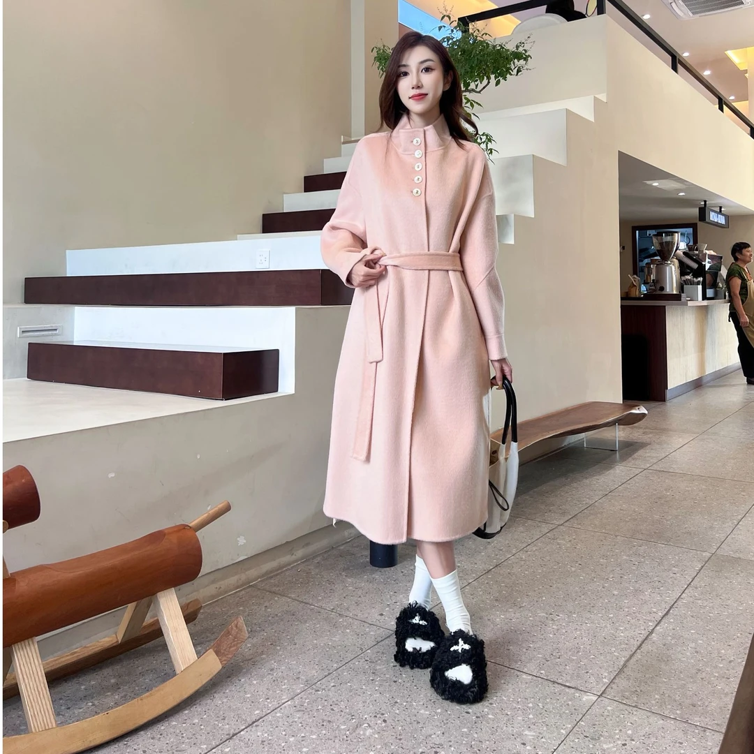 2024年秋冬纯羊毛收腰大衣中长款