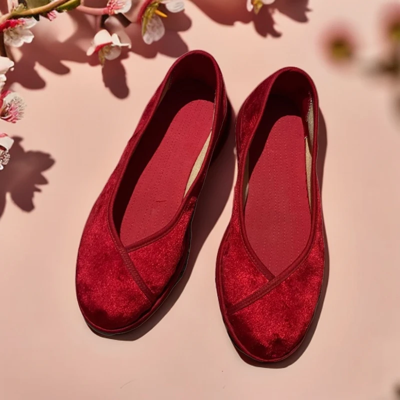 新款拼接红色绒面老北京布鞋女鞋千层底古风平底旗袍鞋汉服鞋