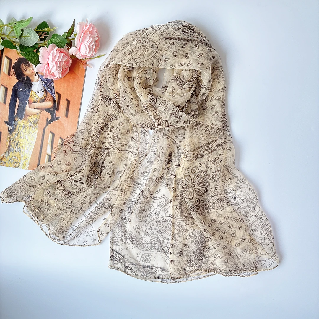 （米色民族风）杭州丝绸纱巾女士四季围巾薄款春夏百搭桑蚕丝丝巾