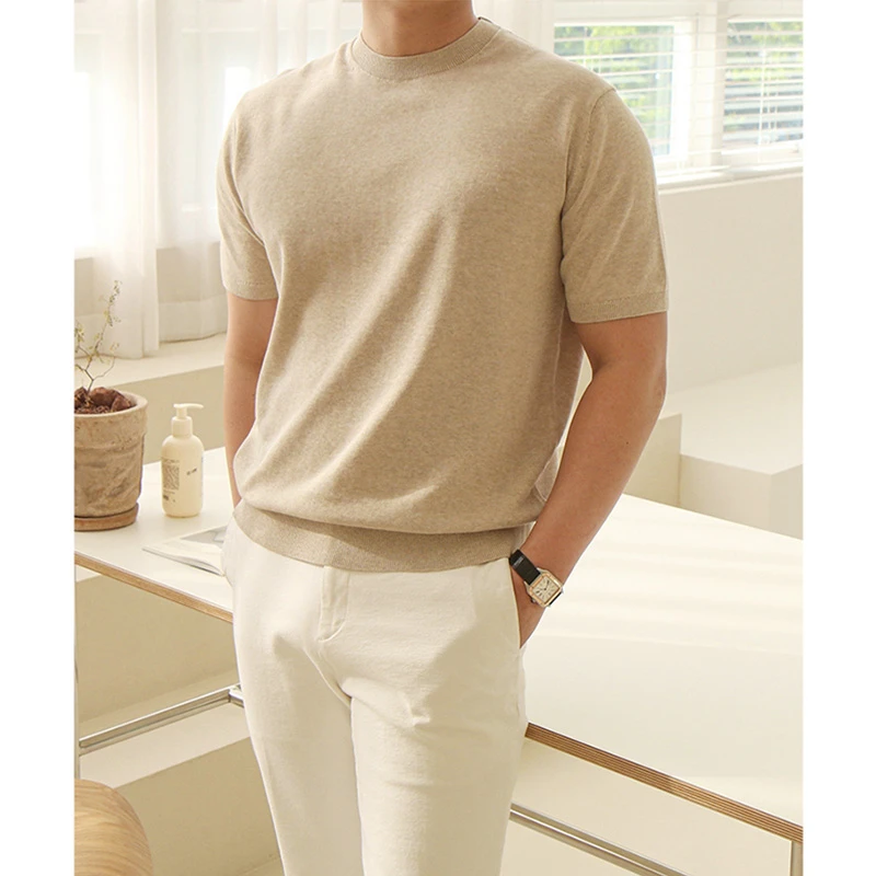 男士短袖潮牌高端日系潮流时尚纯色宽松百搭针织体恤夏天时尚上衣