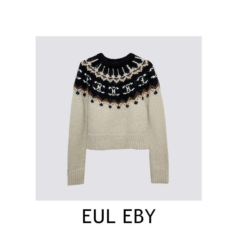 【清】CE家复古咖啡色提花套头针织毛衣101979#