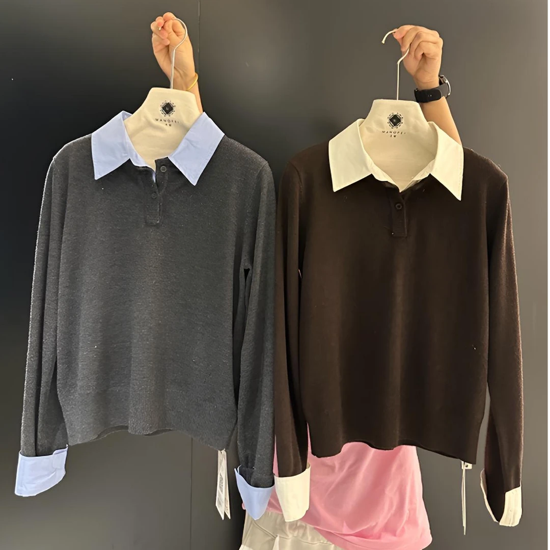 复古撞色polo领针织衫减龄显瘦长袖上衣时尚百搭纯色长袖针织